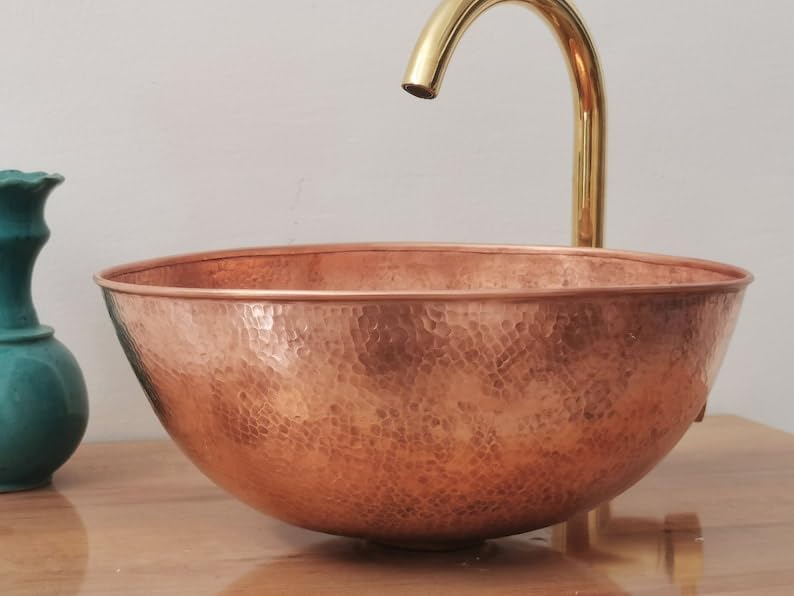 Red Copper Sink For Bathroom | Framhouse Brass Washbasin | Custom Made Vessel Sink | Hammerd Moroccan Sink | Countertop Vanity Sink With Free Brass Drain (16 Inch)