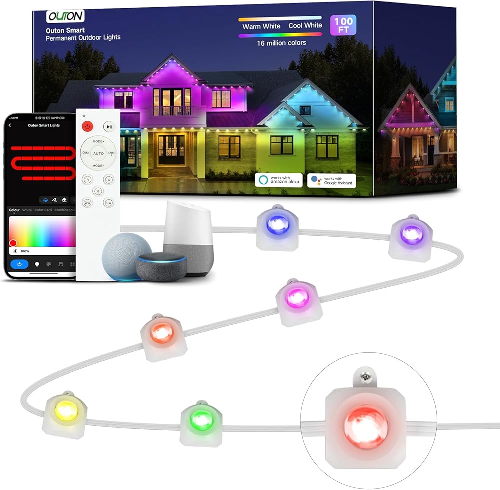 Smart Permanent Outdoor Lights, 100ft with 72 RGBIC LEDs, Super Bright Outdoor Eave Lights, IP68 Waterproof String Lights for Daily and Accent Lighting, Compatible with Alexa & Google Assistant.