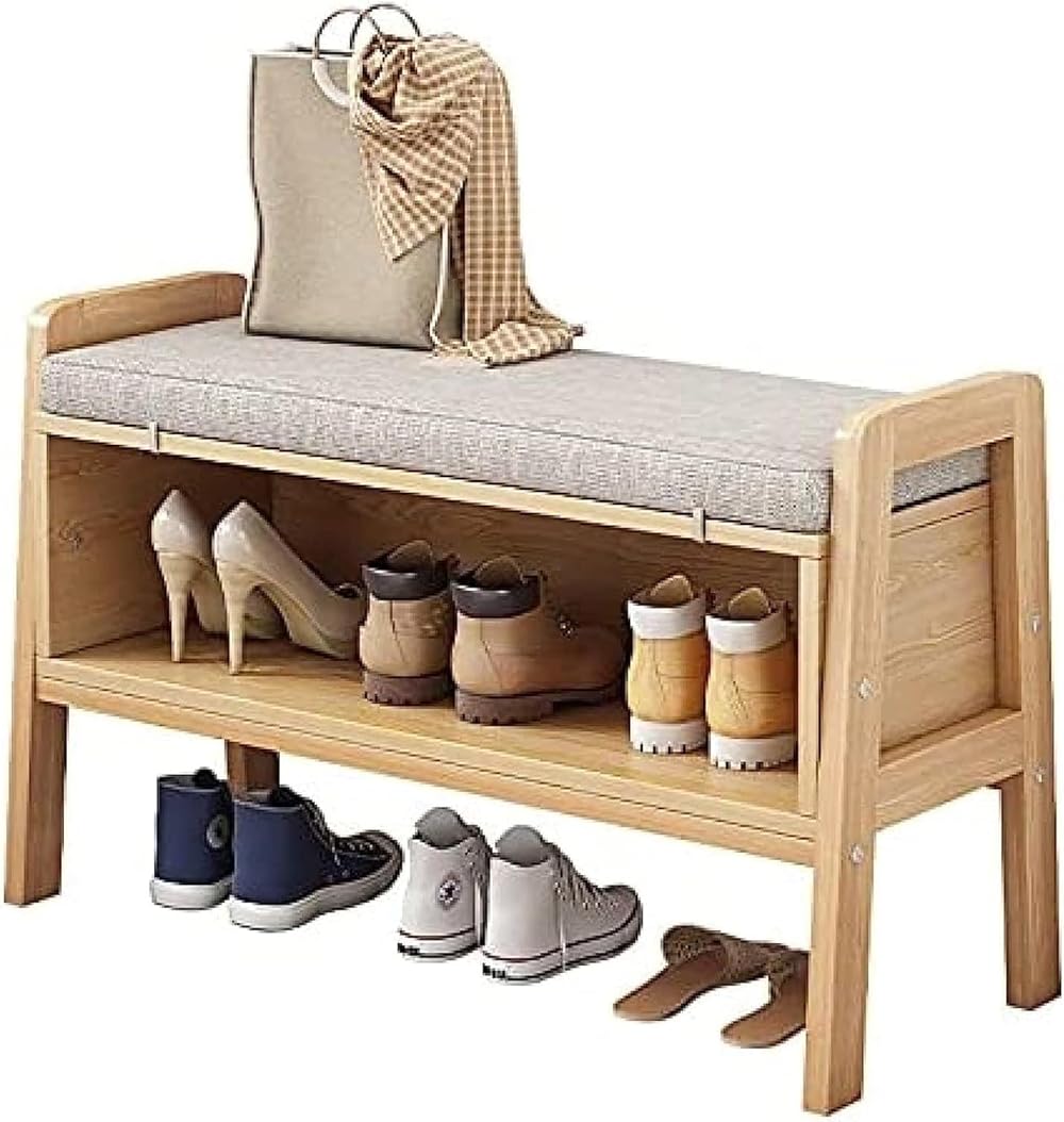 Shoe Storage Bench Entryway Hallway Furniture, Solid Wood Shoe Cabinet, Modern Entry Boot Storage Rack, Linen upholstered Bench, Open Shoe Cabinet Shoe Rack Shoe Stool(A,65x45x30cm)