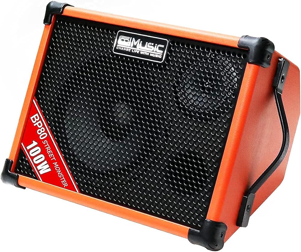 Coolmusic BP80 Battery Powered Acoustic Guitar Amplifier- Portable Bluetooth Speaker 100W, 6 Inputs,3 Band EQ,Orange