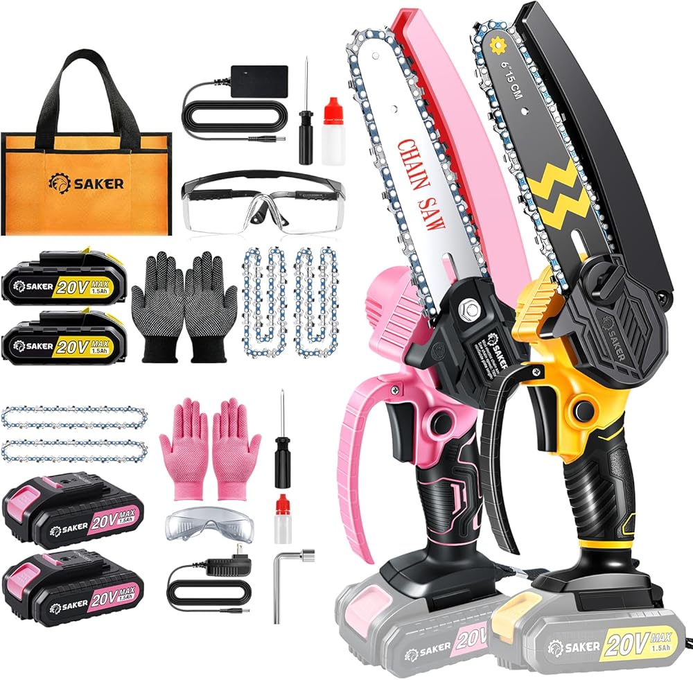 Saker Mini Chainsaw Cordless 6-Inch 2023 Upgrade Switch Security Lock and Saker Mini Electric Chainsaw,6 Inch Pink