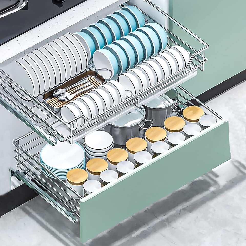 Pull Out Cabinet Organizer 2-Tier Telesmulti-Purpose Shelving Slide Out Organiser for Kitchen Base Sturdy Stable Side Mount Utensil Holder Space-Saving Spice Rack/54(W)*46(D)*14(H) Cm