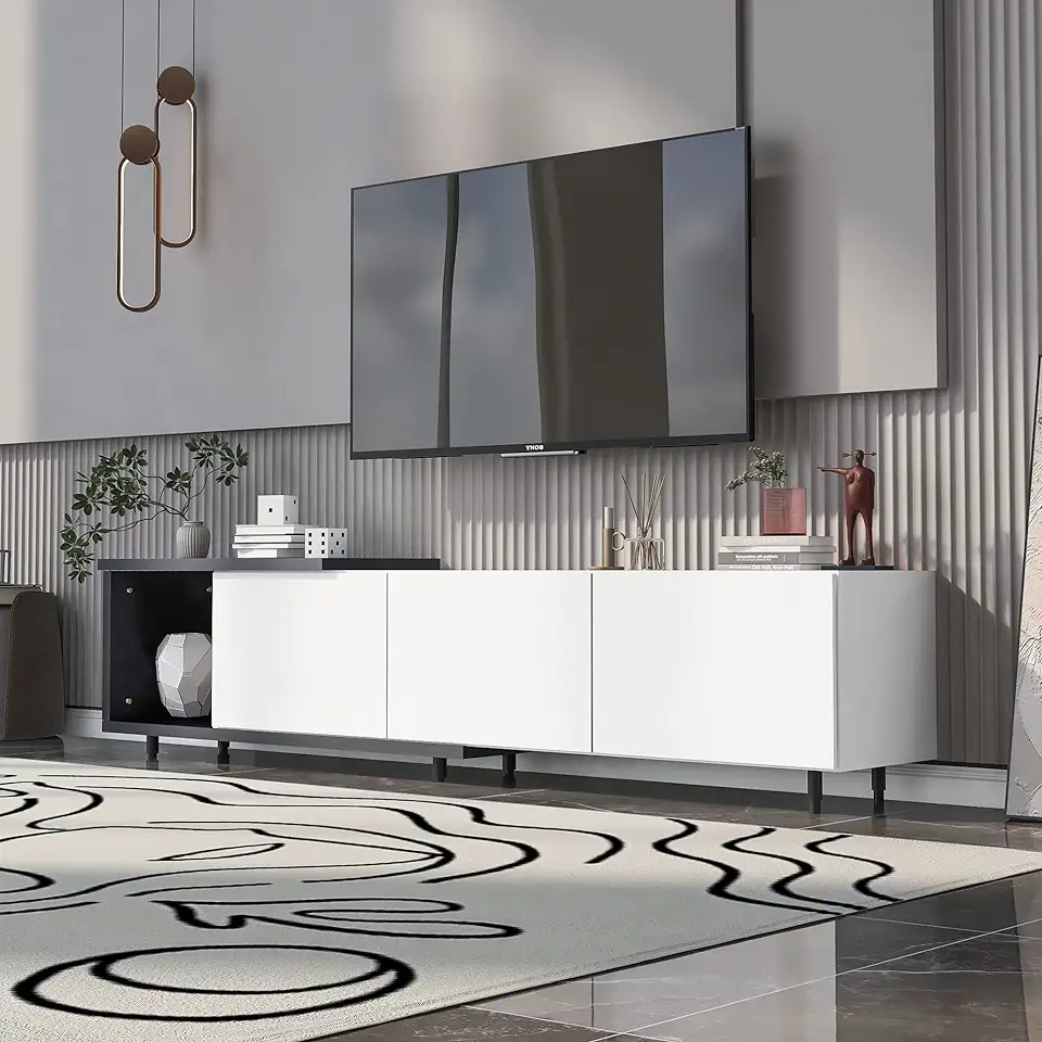 Modern & Stylish TV Stand for 80+Inch Televisions, Entertainment Center Media Console with Storage Cabinet, Open Shelf for Living Room Furniture, White