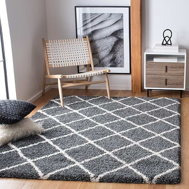 Safavieh Hudson Shag Collection Area Rug - 8' x 10', Dark Grey & Ivory, Modern Trellis Design, Non-Shedding & Easy Care, 2-inch Thick Ideal for High Traffic Areas in Living Room, Bedroom (SGH222G)