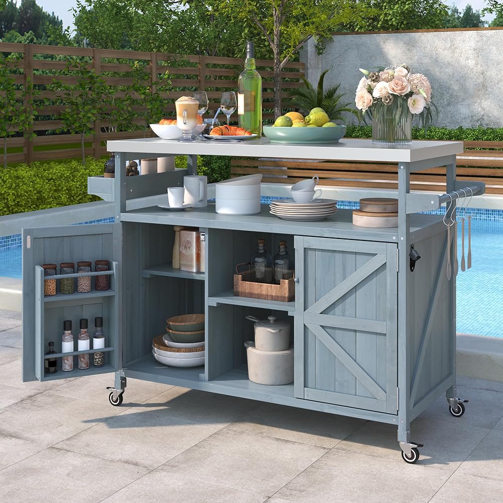 Outdoor Kitchen Island, Rolling Bar Cart & Storage Cabinet Farmhouse Solid Wood Outdoor Grill Table with Stainless Steel Top Spice Rack Towel Rack for Kitchen & BBQ, Grey Blue