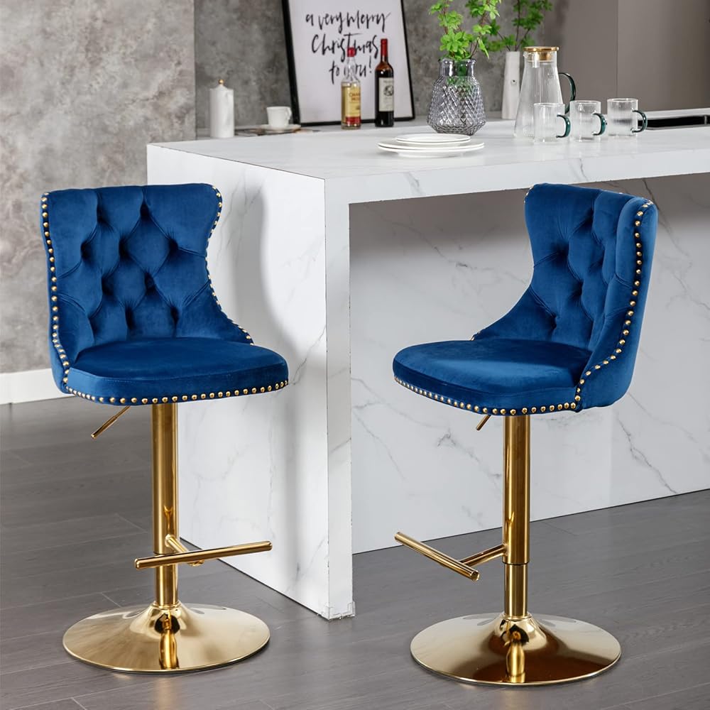 Golden Swivel Velvet Barstools Set of 2, Adjusatble Seat 25-33 Inch, 17.7in Base, Modern Upholstered Counter Height Stools Tufted Backs for Home Pub Dining Room, Kitchen Island, Blue