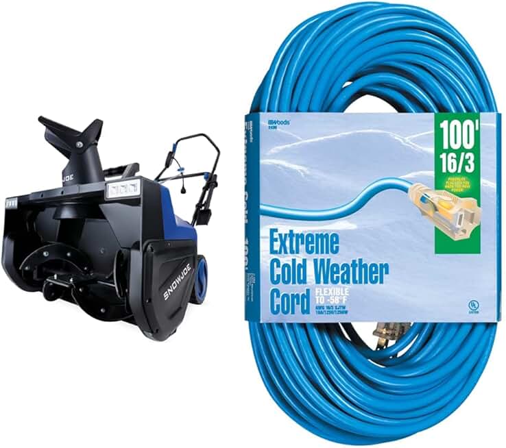 Snow Joe SJ627E Electric Walk-Behind Snow Blower w/Dual LED Lights, 22-inch, 15-Amp & Woods 2436 16/3 Outdoor Cold-Flexible SJTW Extension Cord, Blue with Lighted End, 100-Foo