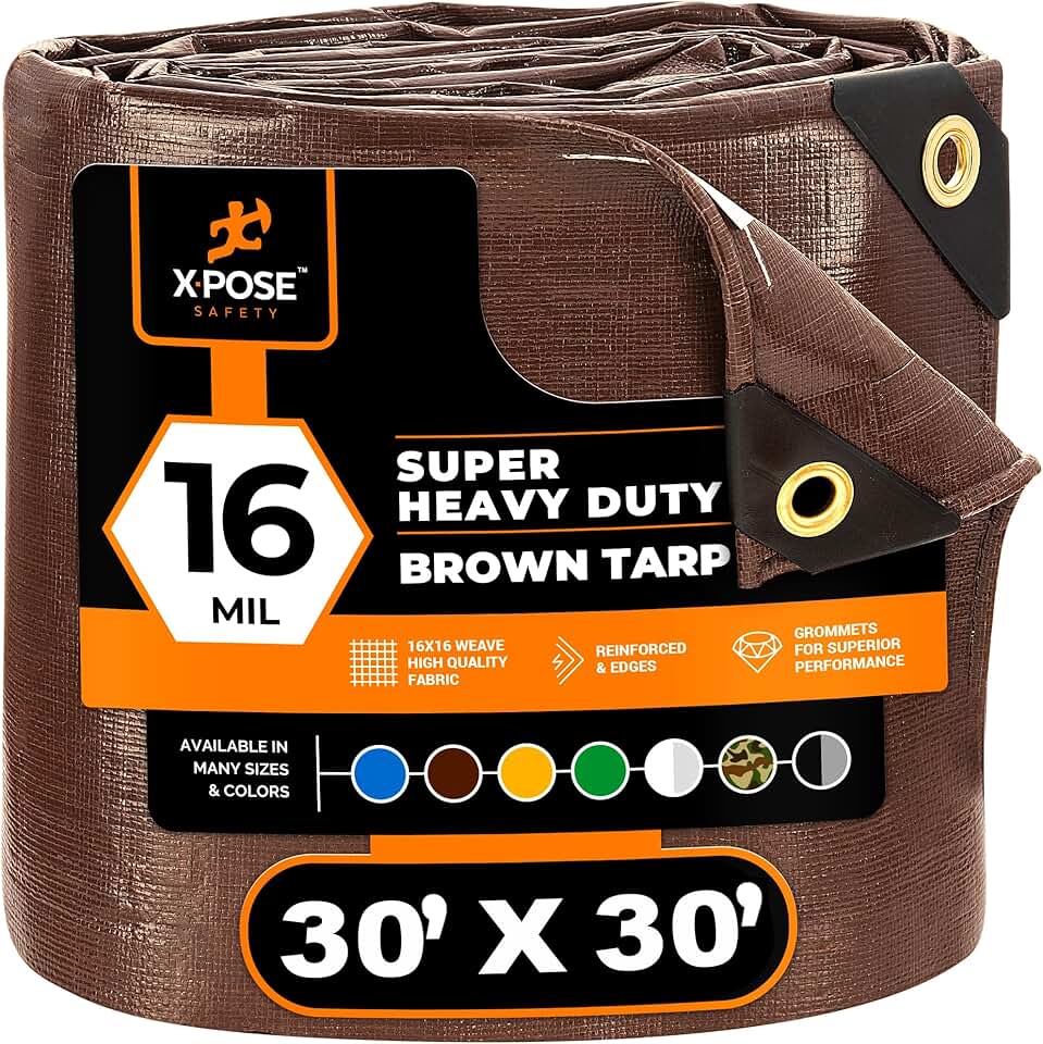 30' x 30' Super Heavy Duty 16 Mil Brown Poly Tarp Cover - Thick Waterproof, UV Resistant, Rip and Tear Proof Tarpaulin with Grommets and Reinforced Edges - by Xpose Safety