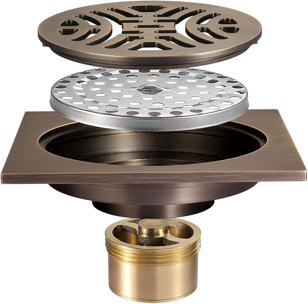 4 Inches Shower Drain Brass Square Floor Drain Antique Bronze Deodorant Shower Floor Drain with Removable Cover Bathroom Shower Waste Drain, Brass Deodorant Core