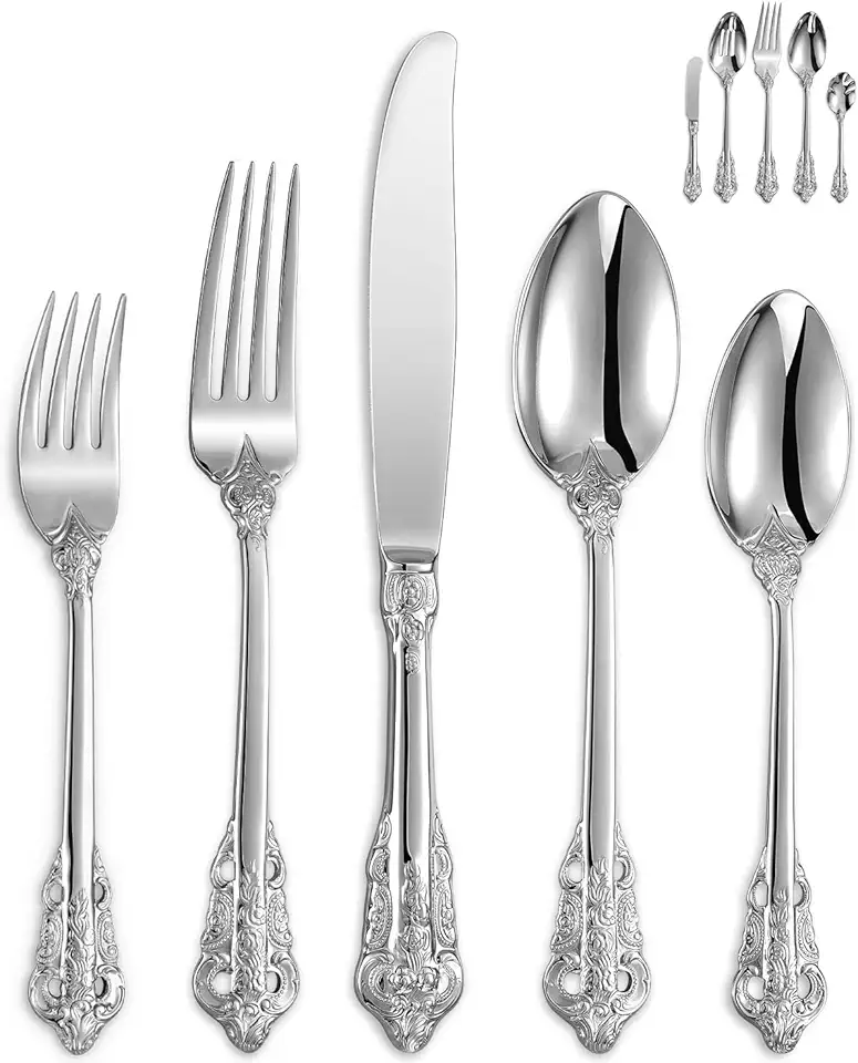 KEAWELL Gorgeous 65-Piece 18/10 Stainless Steel Silverware Set, Service for 12, Mirror Finish, Dishwasher Safe, Box Set, Antique Baroque Silver Color Flatware Cutlery Set…