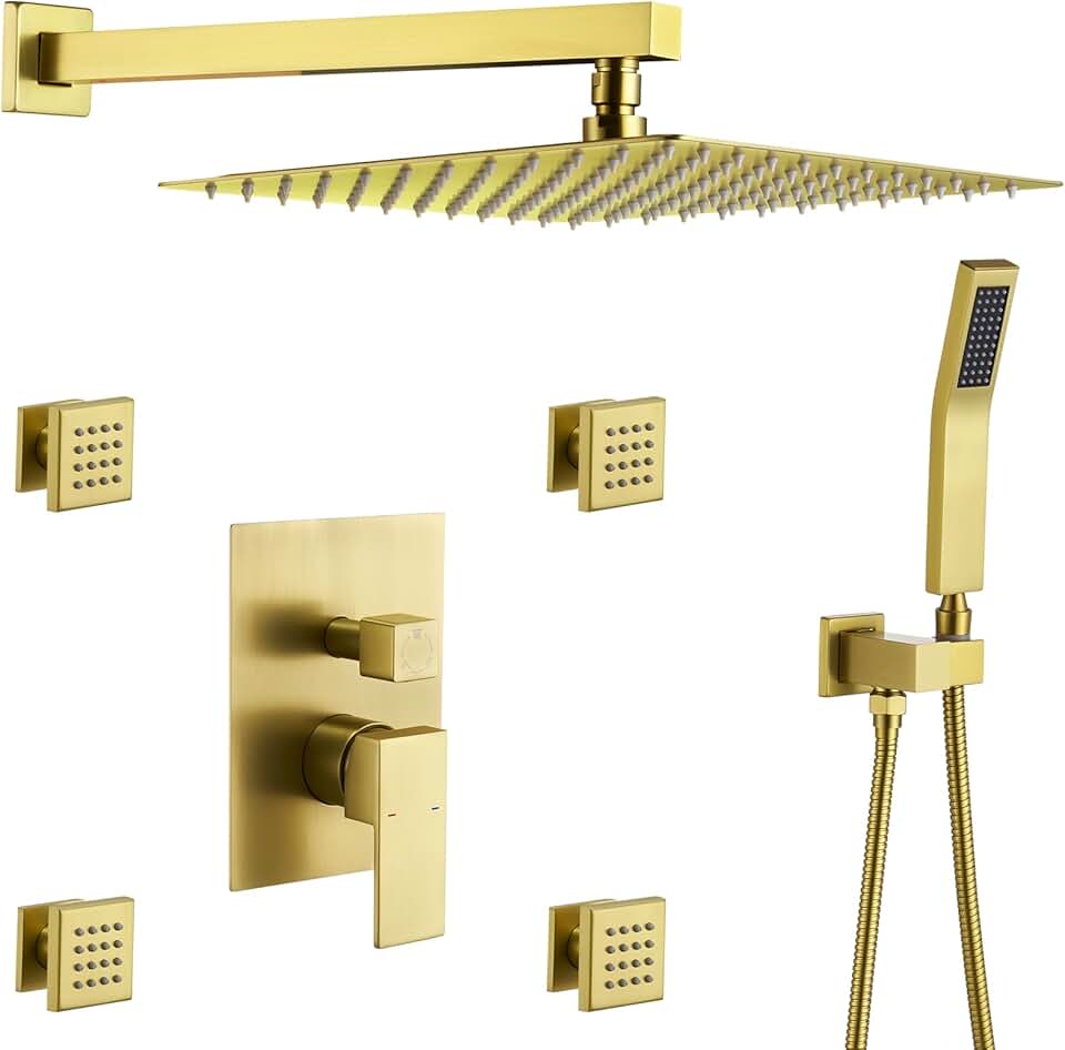 Rain Shower System With Complete 4 Pcs Body Sprays Jets And Pressured Balance Rough-in Valve,12Inch Rainfall Shower Head And Handheld, Modern Brushed Gold Wall Mount Shower Faucets Sets
