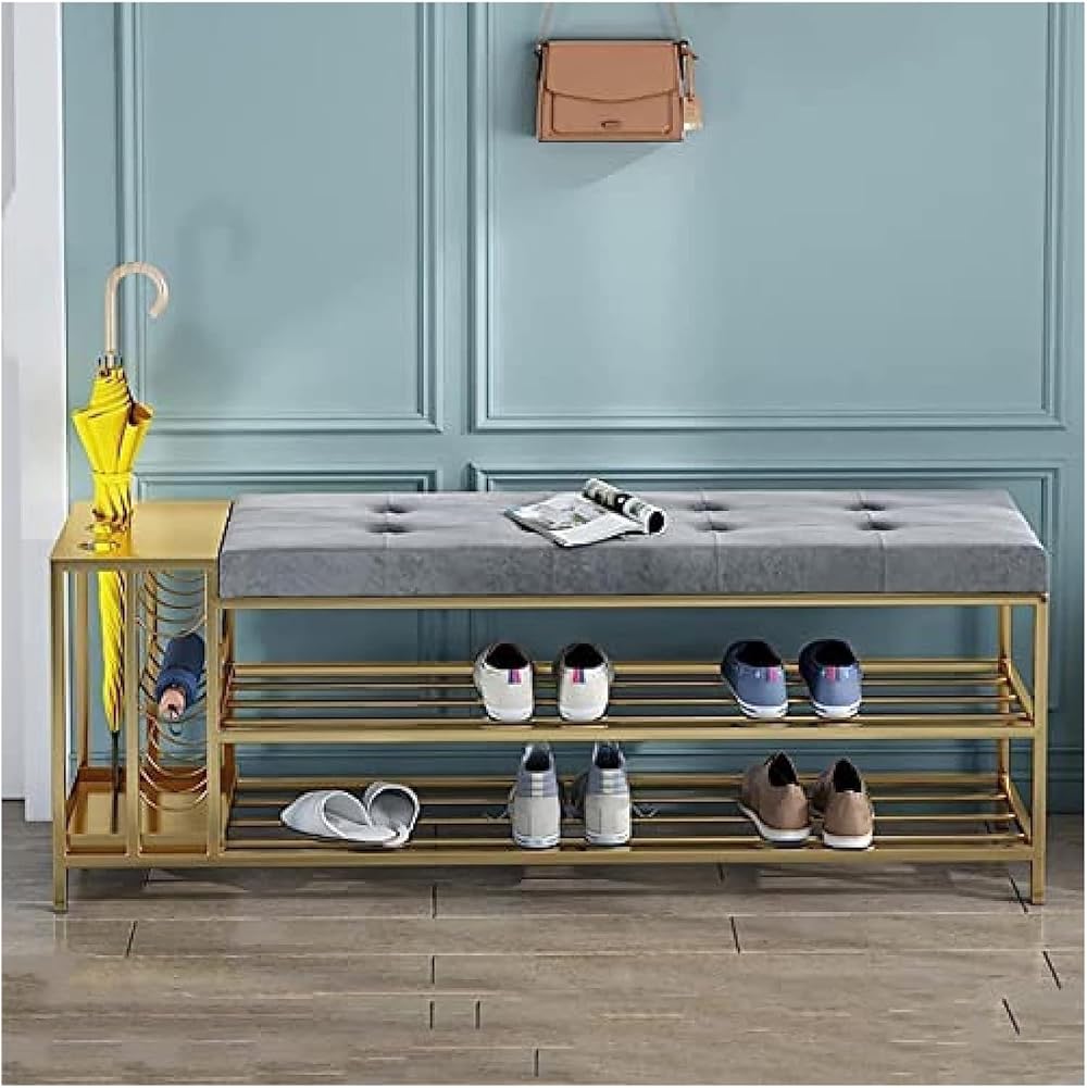 Shoe Storage Bench Entryway Hallway Furniture, Entryway Storage Bench with Umbrella Holder,Shoe Bench with Velvet Seat, Freestanding Shoe Shelf Metal(80x30x45cm(31x12x18inch))