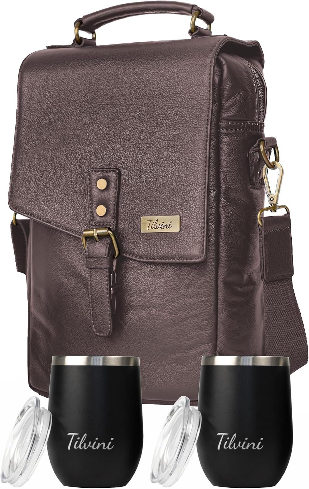 Insulated Leather Wine Bag & 2 Wine Tumblers Set. Leather Wine Bottle Carrier Tote. Unique Wine Gifts For Men. Picnic Bag, Beach Wine Cooler Bag, Birthday Gift. Airplane Travel Wine Gift Bag