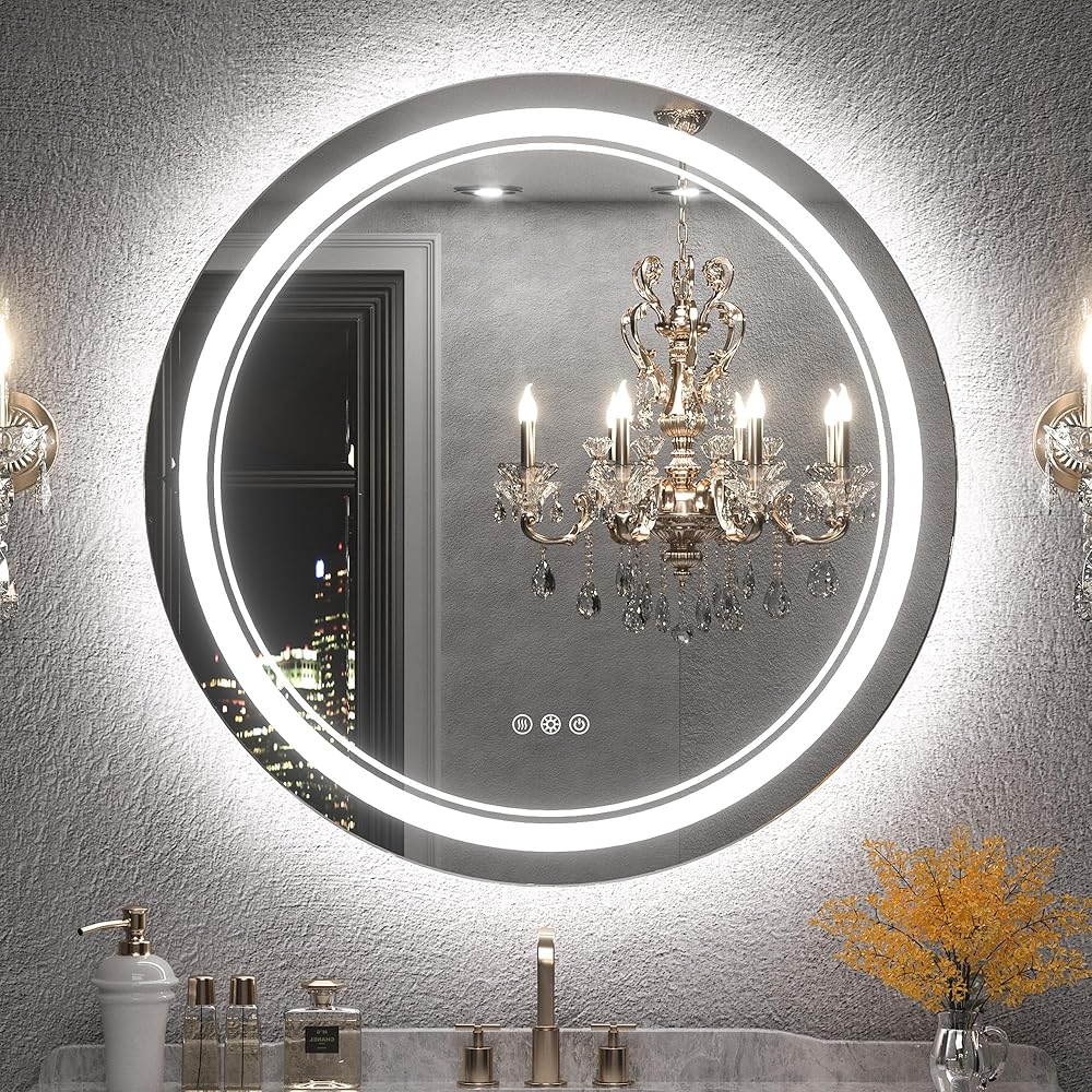 Keonjinn 30 Inch LED Round Bathroom Mirror with Lights Frontlit & Backlit, UL Listed LED Driver, Stepless Color Temperature Dimmable Anti-Fog Circle Lighted Mirror Circular Wall Mounted Vanity Mirror