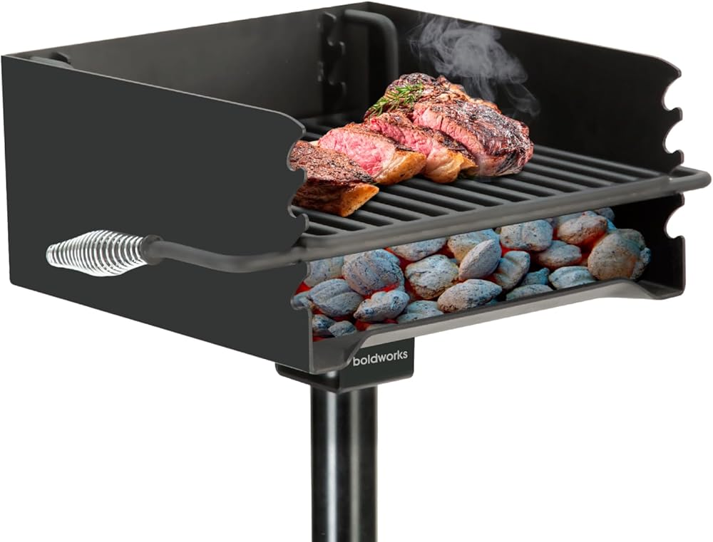 Park Grill Heavy Duty Charcoal Grill 16 x 16 Inch Park Style Charcoal Grill with Height Adjustable Cooking Grate 360 Degree Swivel Pedestal Park Style Grill for Outdoor Campground and Commercial Bbq