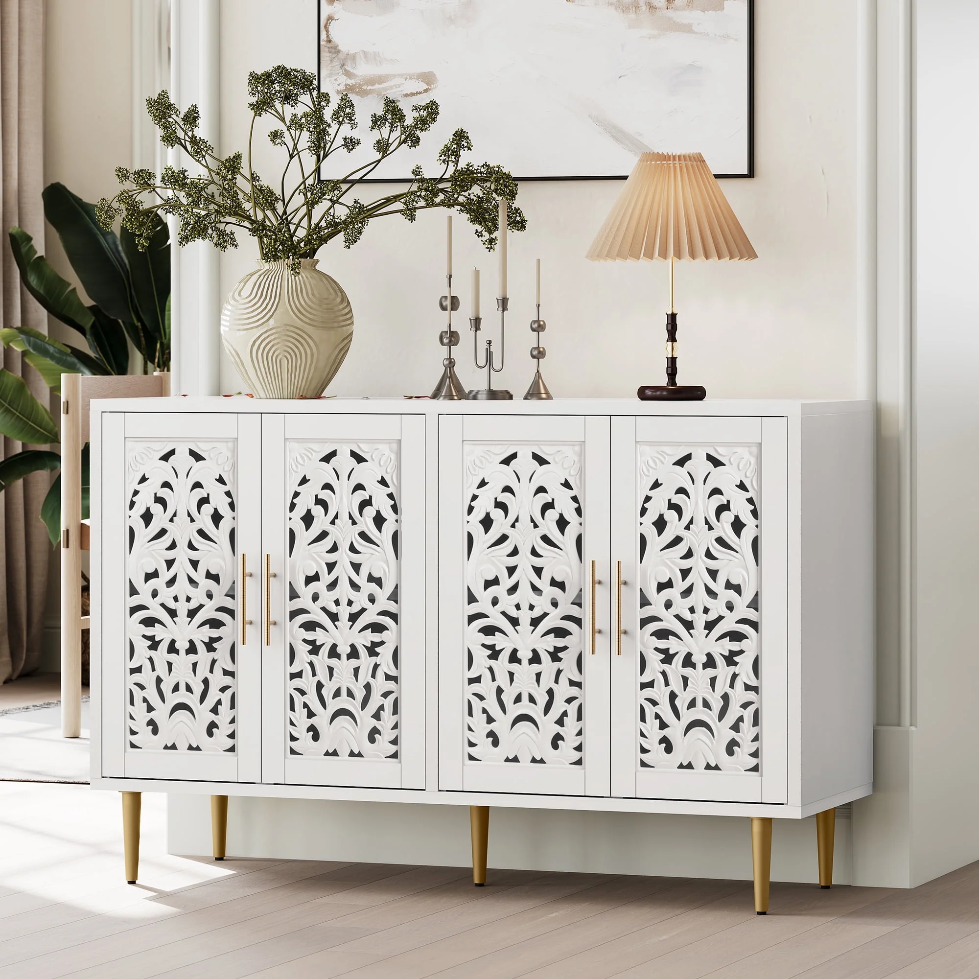HLR 48'' Accent Cabinet with 4 Doors, Vintage Hollow Carving Storage Credenza, Sideboards and Buffets Cabinet for Living Room, Kitchen, Dining Room, Entryway