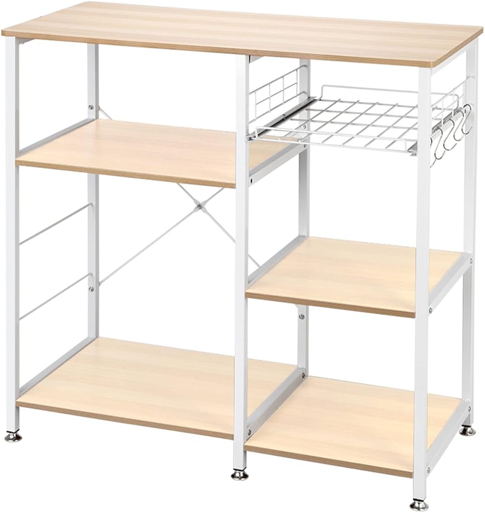 Kitchen Baker’s Racks with Storage Shelves Multi-Layer Microwave Oven Stand Shelf with Basket and Hooks Free Standing Utility Storage Rack with X Designed Metal Support for Home, White Oak
