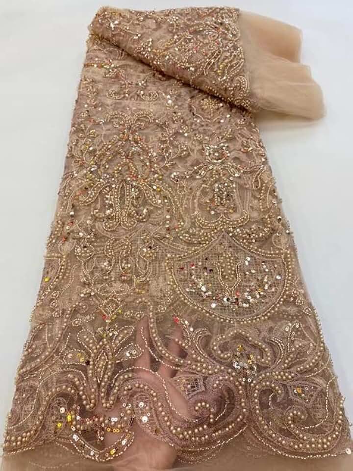 MARHAFABRIC African Latest Peach Tulle 5 Yards Handmade Beads Lace Nigerian Luxury Sequin Fabric French Wedding Dress Sewing Lace Fabric for Bridal Wedding Prom Evening Dress