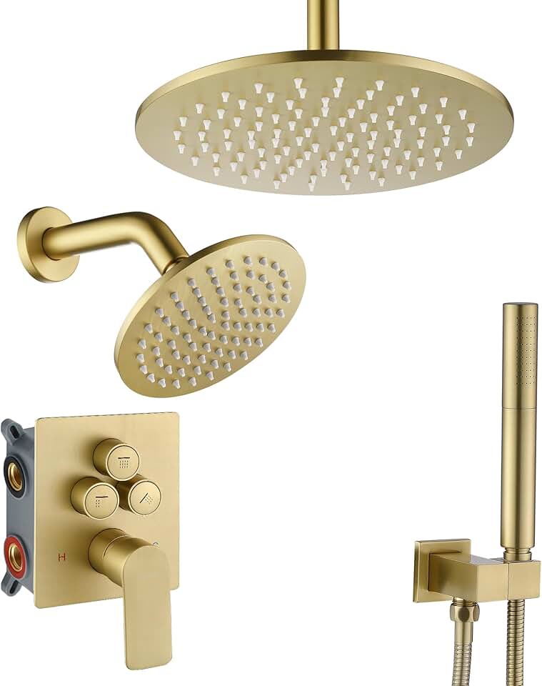 Rain Shower System, Push Button Diverter Shower Faucet Set with 2 in 1 Handheld Spray, Wall Mount Shower, Ceiling Mount Shower Head 3-Function Rainfall Shower System-Brushed Gold