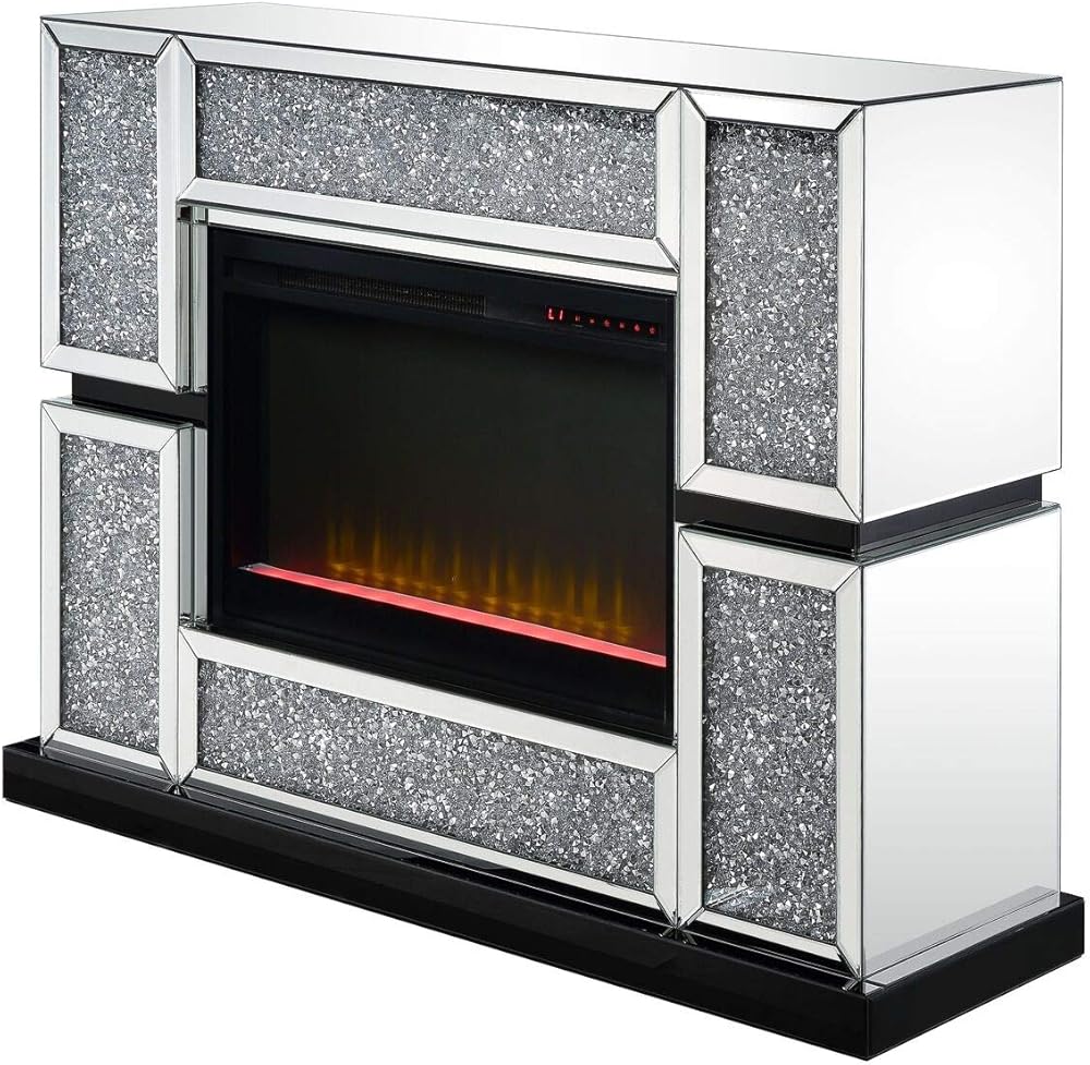 ACME Noralie Electric Fireplace with LED Light in Mirrored and Faux Diamonds