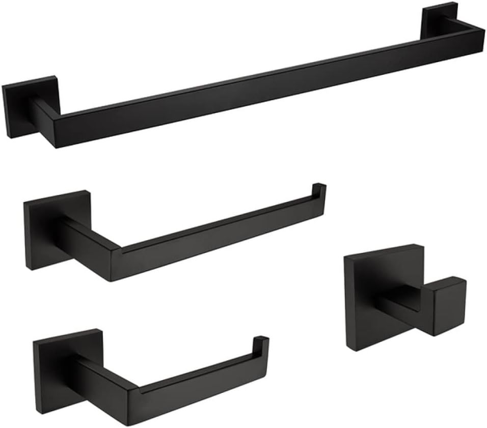 Stainless Steel Bathroom Hardware Set Matte Black Towel Bar Rail Toilet Paper Holder Towel Ring Robe Hook Bathroom Accessories,4 Pcs Set Black