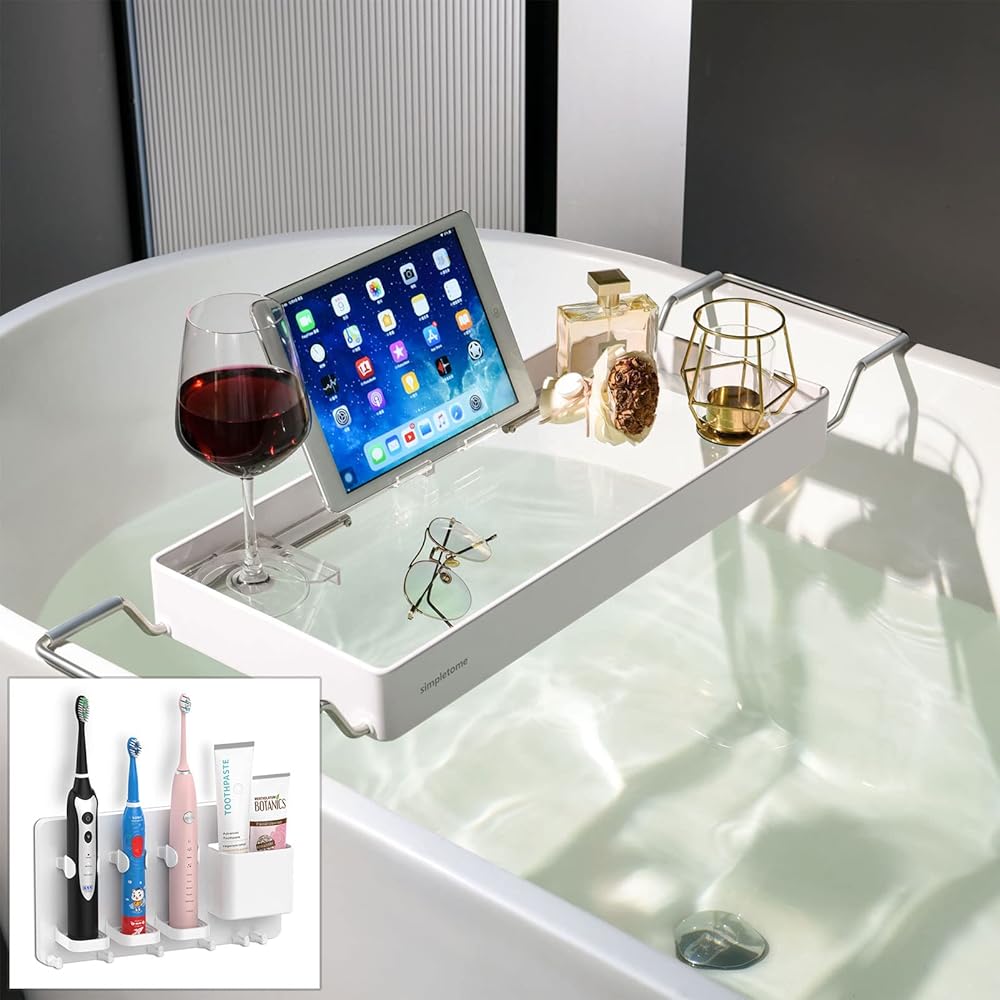 simpletome Adhesive Electric Toothbrush Holder Set + Bathtub Tray (White)