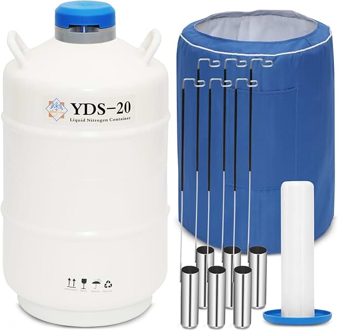 20L Liquid Nitrogen Container Cryogenic Container (LN2) Aluminum Alloy Liquid Nitrogen Dewar Static Cryogenic Container Liquid Nitrogen Container with 6 Canisters (20L)