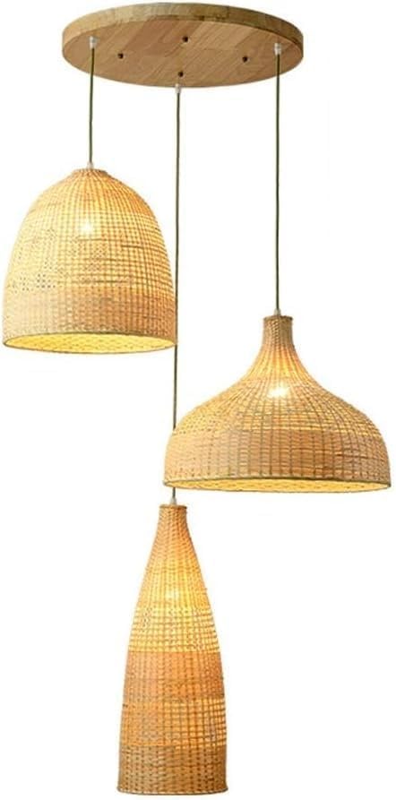 3 Light Wicker Rattan Pendant Light Cluster Chandelier Woven Bamboo Hanging Light Ceiling Wood Farmhouse Large Pendant Lighting for Kitchen Island Dining Room Bedroom Foyer Staircase