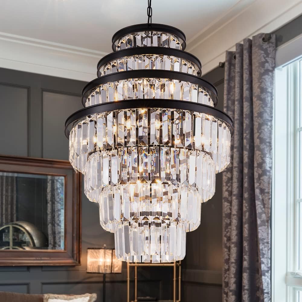 Wellmet Crystal Chandelier, 7-tier Large Vintage Black Luxury Crystal Chandelier, for Living Room, Dining Table, Foyer, drawing room, Hallway, Entryway, Restaurant 33''H * 24''W