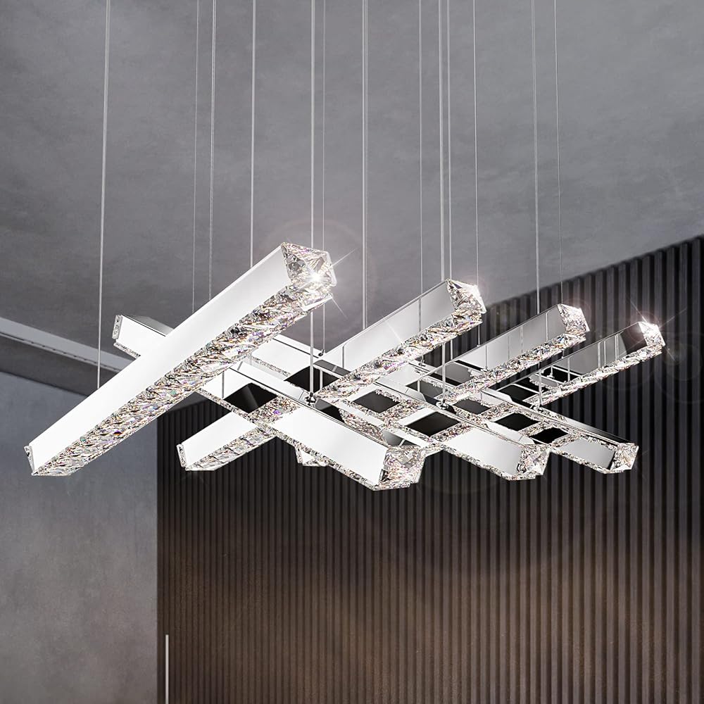 Fang Yan Mei Crystal Chandelier Modern Linear Chandeliers Contemporary Luxury Island Clear Crystal Chandelier Lighting LED Ceiling Fixtures Pendant for Dining Room Bedroom Living Room above Table
