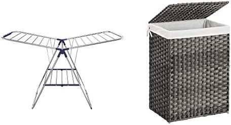 SONGMICS Clothes Drying Rack with Sock Clips and Height-Adjustable Gullwings, Foldable, Silver + Dark Blue ULLR52BU & 23.8 Gal (90L) Synthetic Rattan Clothes Laundry Basket with Lid