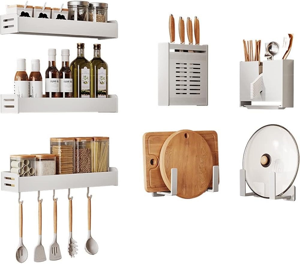 Multifunctional Wall Mounted Utensil Rack Space Aluminium Kitchen No Punching Storage Chopsticks Holder Knife Pot Lid Storage Spice Rac Kwith Hooks White