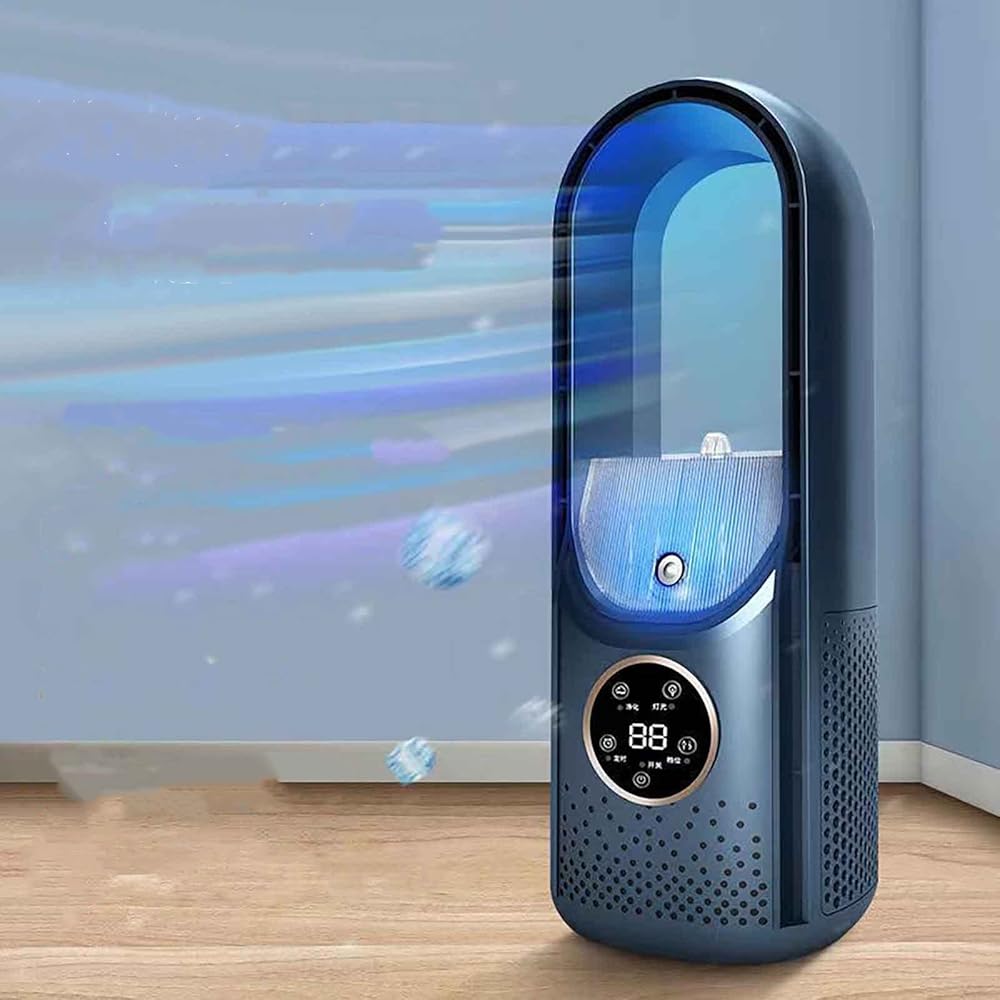 Household Portable USB Leafless Fan Humidification - Multifunctional Household Dormitory Office Desktop 6 Wind Speed Electric Low Noise Timing Air Cooler Conditioning Mini Fan(Blue)