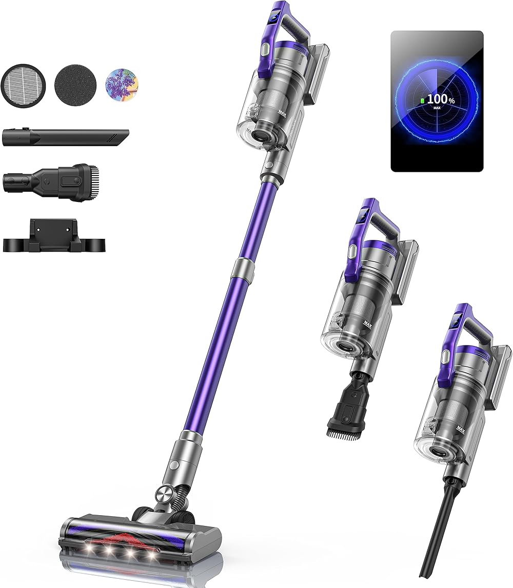 Cordless Vacuum Cleaner, 450W Stick Vacuum Cleaner, OLED Color Screen Display, Up to 55mins, 8 Animation Modes, Multi-cone Filtration, Handheld Vacuum for Hardwood Floors, Carpets, Pet Hair S14