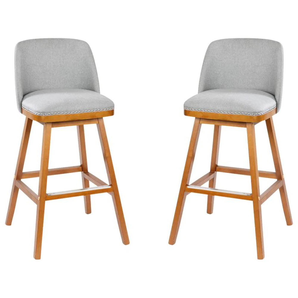 Julia Set of 2 Faux Linen Upholstered Bar Stools with Silver Nailhead Trim and Walnut Finish