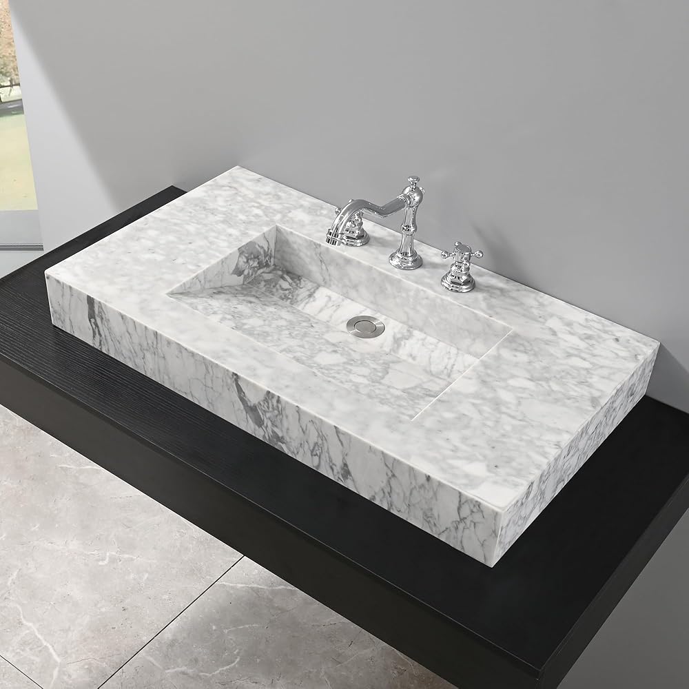 Theiler Bathroom Vessel Sink Carrara Natural Marble White 32” x 17.7” Rectangle Nature Stone Sink Wash Bowl Above Counter or Wall Mounted Flaoting (3 Hole)
