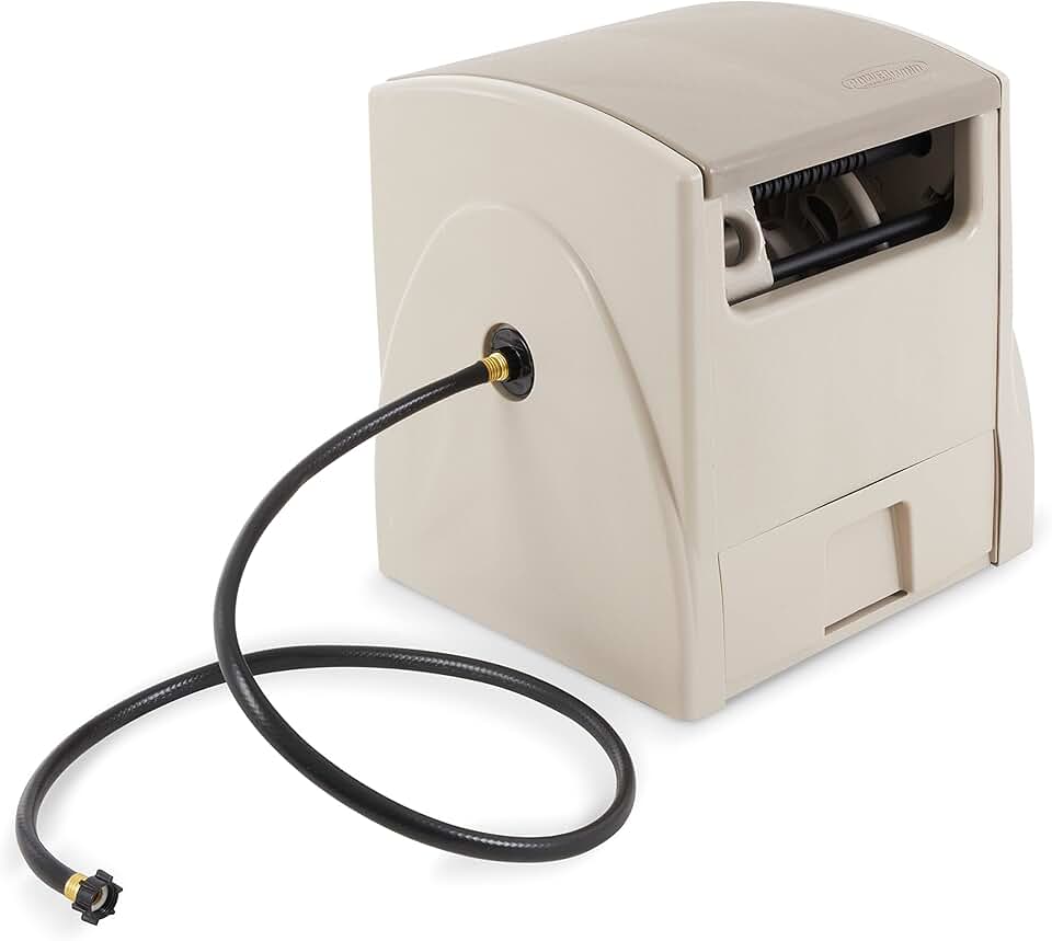 Powerwind 12 Volt Automatic Rewind Rechargeable Hose Reel with Pedal Operation, Lid, and Slide Trak Hose Guide for Patio or Garden, Taupe