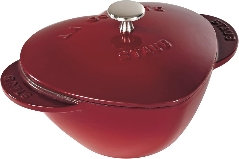 STAUB Cast Iron Dutch Oven 1.75-qt Heart Cocotte, Made in France, Serves 1, Black, Cherry
