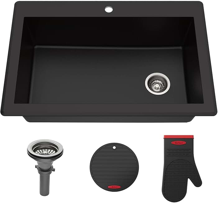 KRAUS Forteza™ 33” Dual Mount Single Bowl Granite Kitchen Sink in Black, KGD-54BLACK