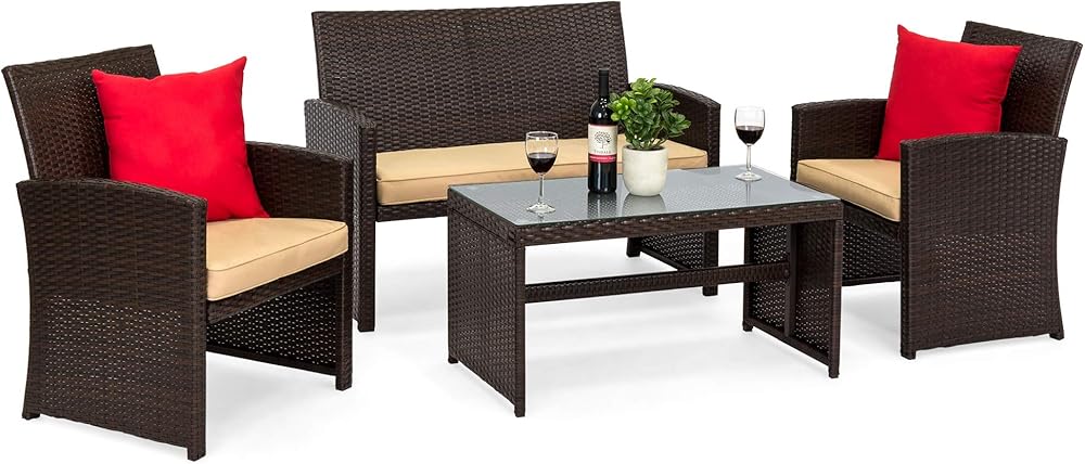 Best Choice Products 4-Piece Outdoor Wicker Patio Conversation Furniture Set for Backyard w/Coffee Table, Seat Cushions - Brown/Beige