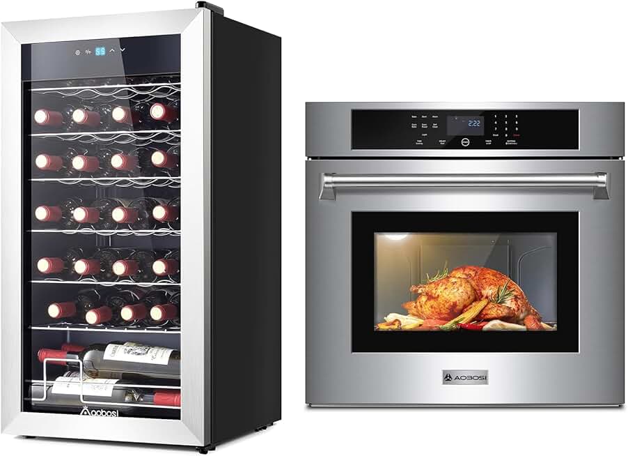 AAOBOSI Wall Oven 30 inch Single Wall Ovens Electric Built-in Convection Oven, 3800W, 4.8 Cu. Ft., Wine Fridge, 28 Bottle Wine Cooler 46-66℉ Beverage Wine Refrigerator, Glass Door Free Standing