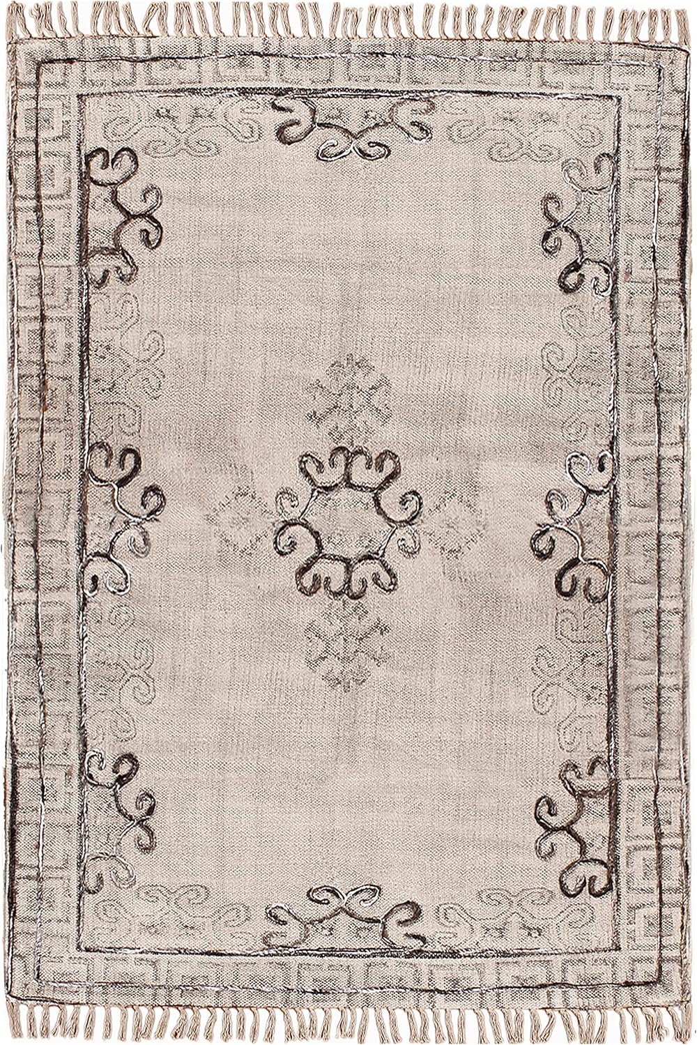 Hand Woven Hand Block Printed Cotton Dhurrie Boho Kilim Beige, Black Floral Area Rug Flat Weave Indoor Floor Decorative Rugs for Bedroom Balcony Lounge 7x10 Feet (210x300 cm)