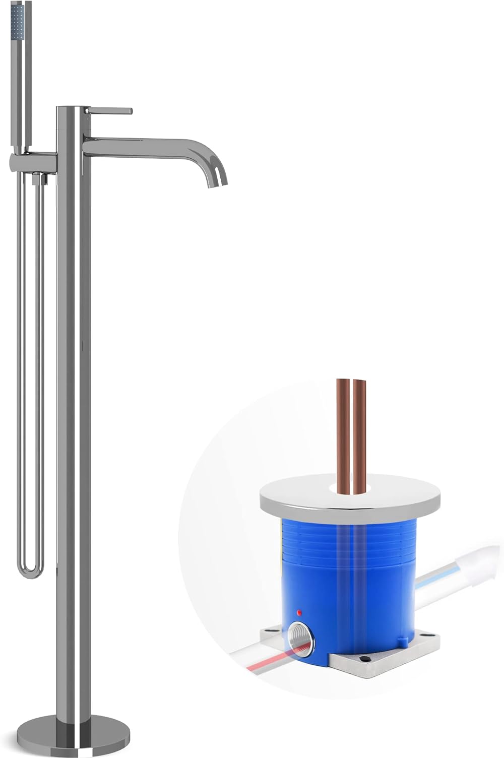 FerdY Floor Mount Tub Filler, Single Handle Freestanding Bathtub Faucet with Handheld Shower &Tub Filler Rough-in Valve, Polished Chrome