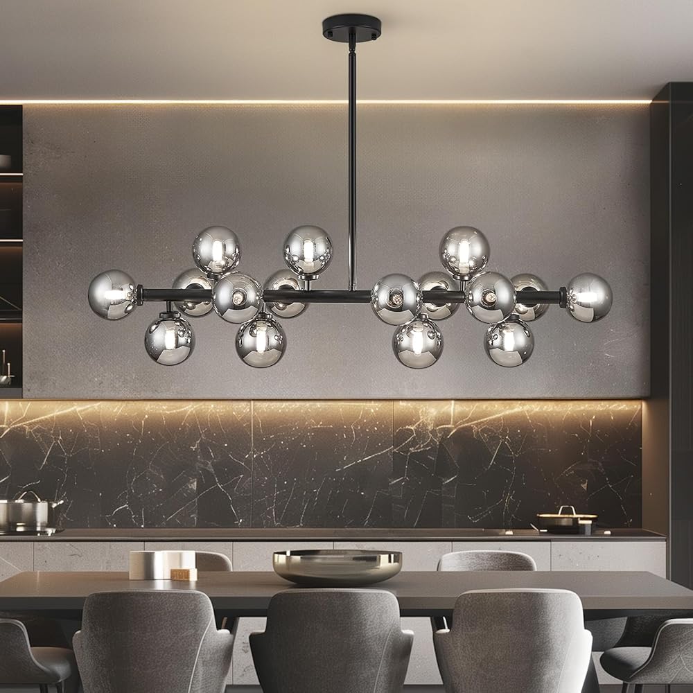 16 Lights Mid Century Modern Chandelier, Black Globe Sputnik Chandelier, Linear Light Fixture Over Table, Smoke Grey Globe Hanging Light for Dining Room, Kitchen Island, Living Room