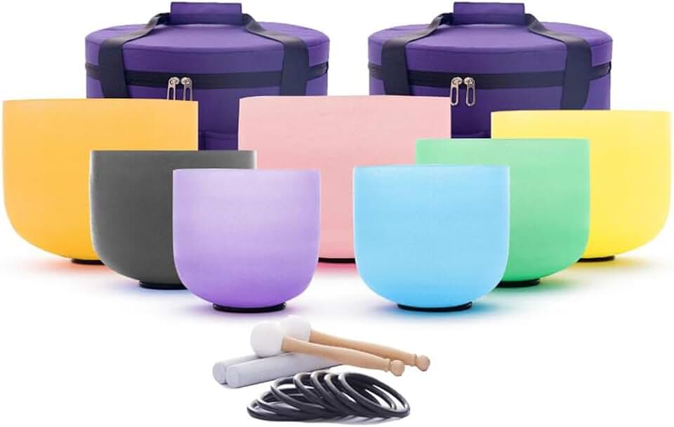 7-12 inch 432HZ Candy Color Crystal Singing Bowls Chakra Set of 7 Meditation Bowl Frosted Healing Quartz Sound Singing Bowls with 2 Travel Carry Case Bag 2 Mallet Suede 2 Strikers 7 O-rings