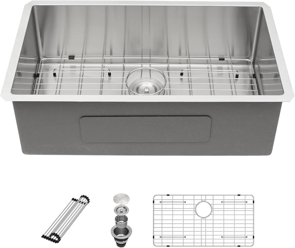 Sarlai 32 Undermount Kitchen Sink Stainless Steel - 32x19 Kitchen Sink Single Bowl Undermount Sink 16 Gauge Round Corner Under Mount Kitchen Sink Basin