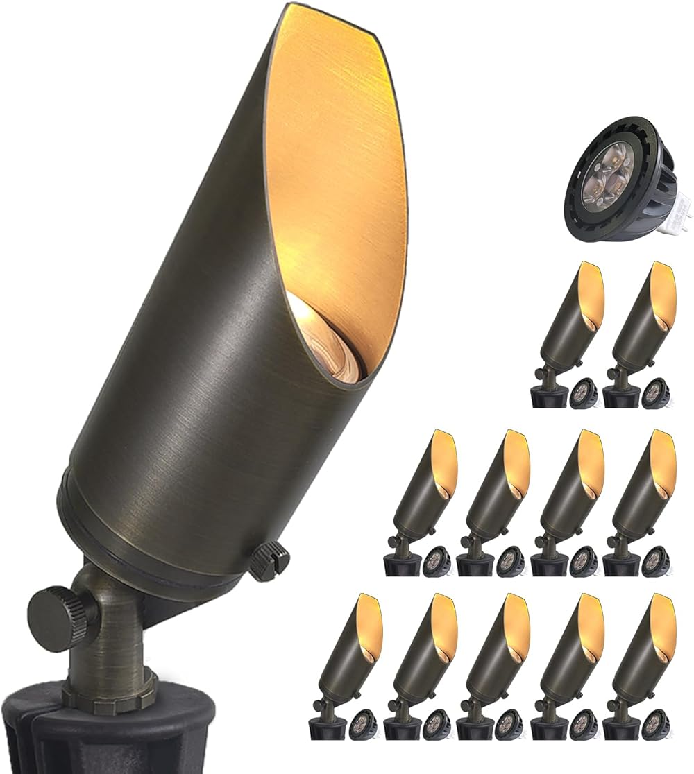 Brass Landscape Spotlights,12 Pack Spotlight Fixture Outdoor with 5W Aluminum Housing MR16 LED Bulb 2700K 450LM,12V AC/DC Low Voltage Landscape Lighting, Uplight for Garden and Patio(103B)