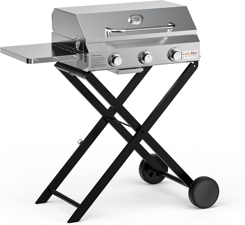 Onlyfire BBQ Gas Grill 3-Burner with Foldable Cart & Side Table, Portable Propane Grill with Lid for Outdoor Patio Backyard Barbecue Camping Tailgating RV Trip, Stainless Steel, GS308