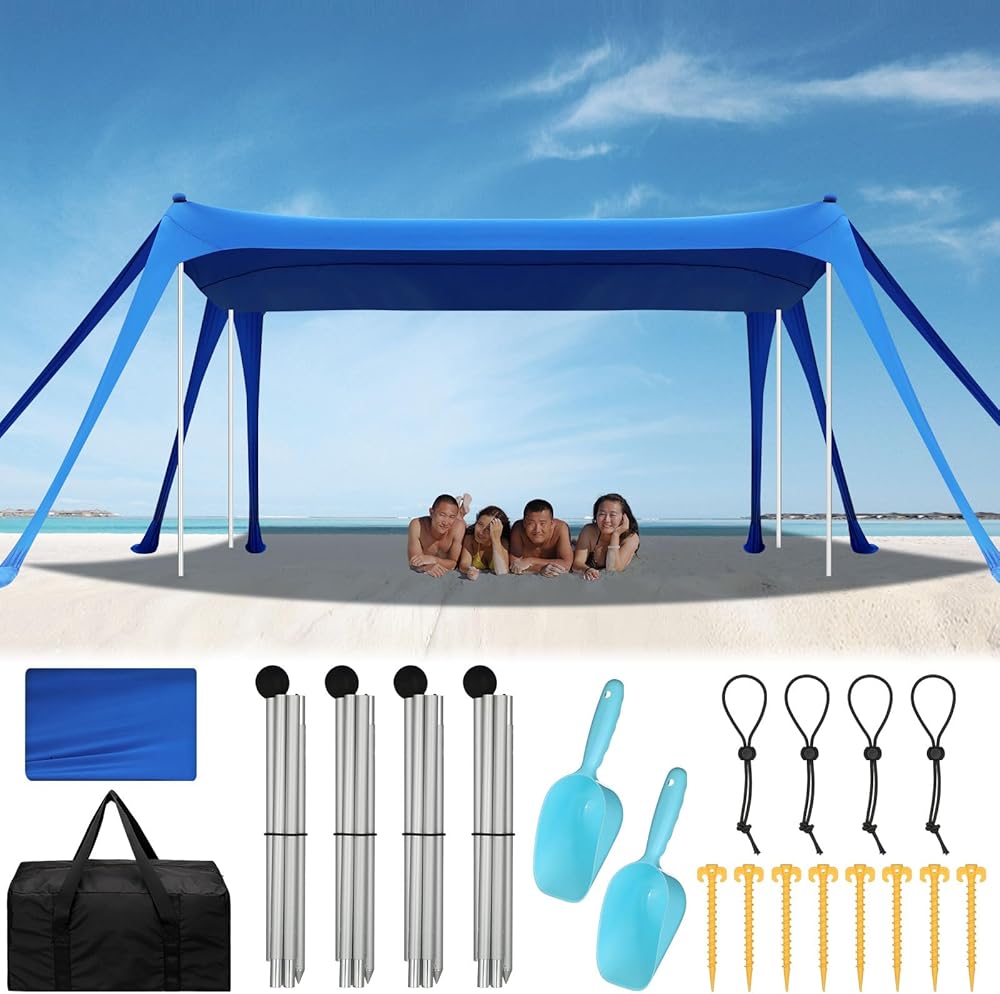 15' x 10' Beach Tent Sun Shelter Beach Canopy Pop up Gazebo UPF 50+ Portable Outdoor Shades with Aluminum Poles Sandbags Sand Shovel for Camping Fishing Beach Backyard Picnic