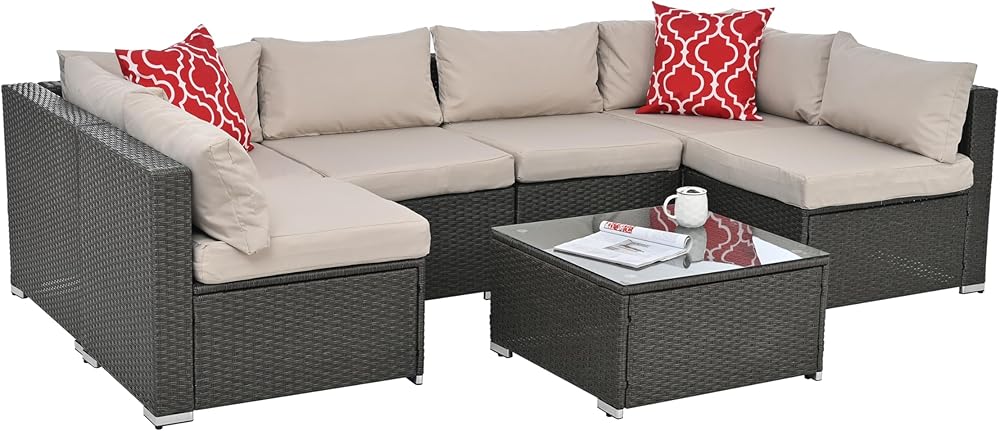 7 Piece Patio, Outdoor Furniture Sectional Sofa Rattan Wicker Conversation Set with Coffee Table and Water-Resistant Cushion for Backyard Porch Balcony, Dark Gray